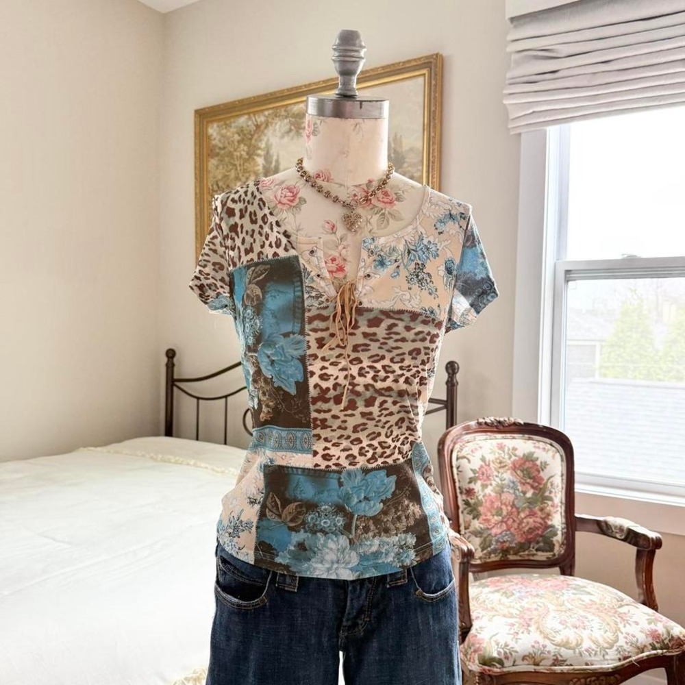 Y2K st john's bay patchwork lace up top size small
